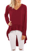 Sexy Purplish Red V Neck Longer Frilled Hemline Back Top